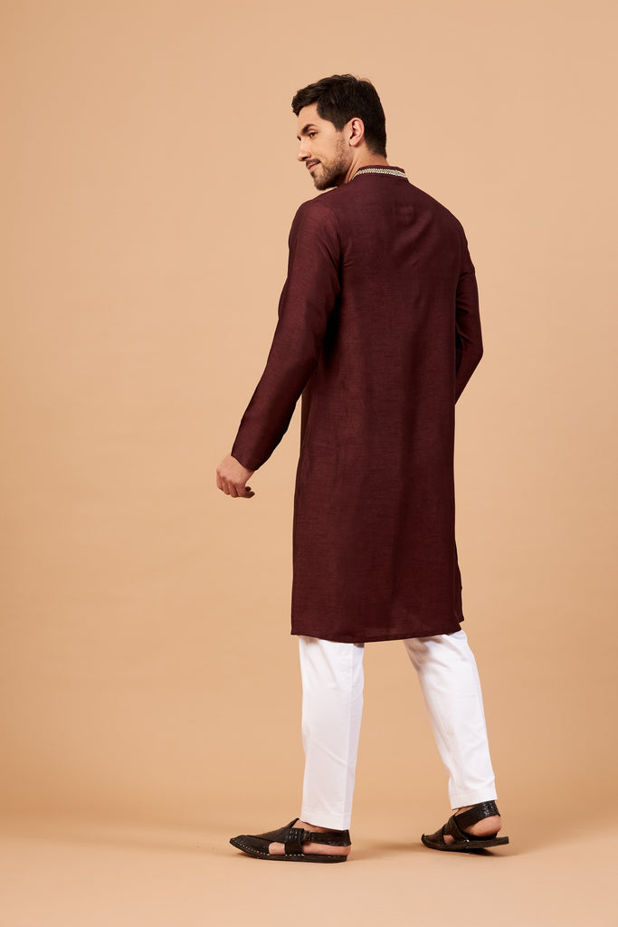 Men's Maroon Color Adira Gold Zari Embroidered Kurta Semi Raw Silk Mix