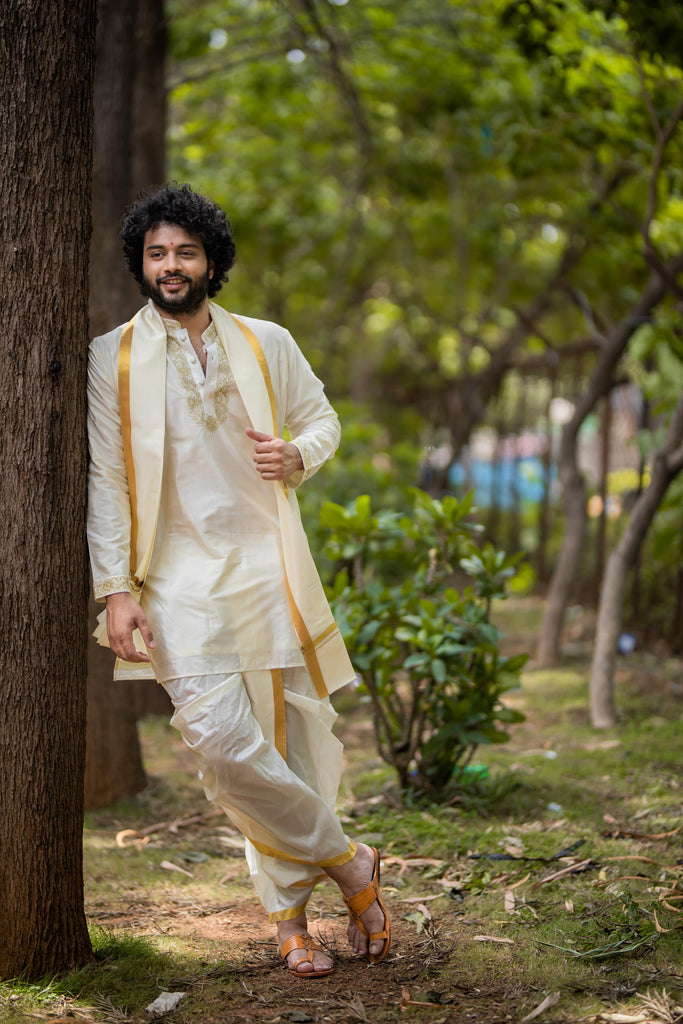 Men's Machine Embroidered Pattu Set