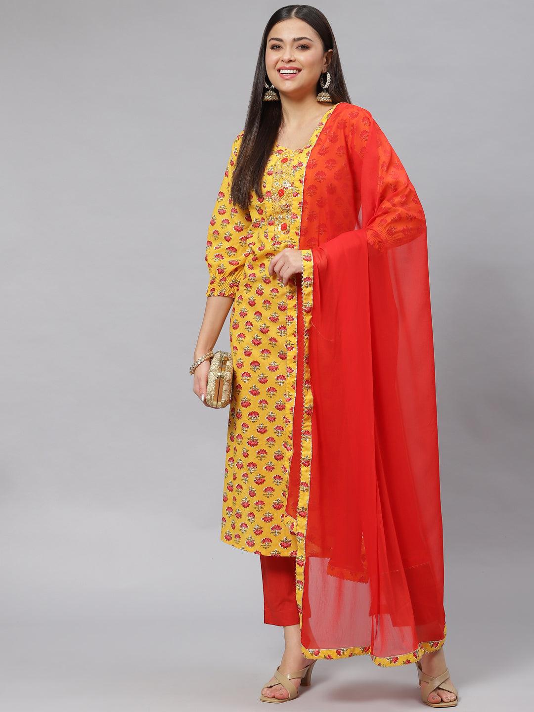 Women's Yellow Floral Cotton Kurta Pant Set with Dupatta - Taantav