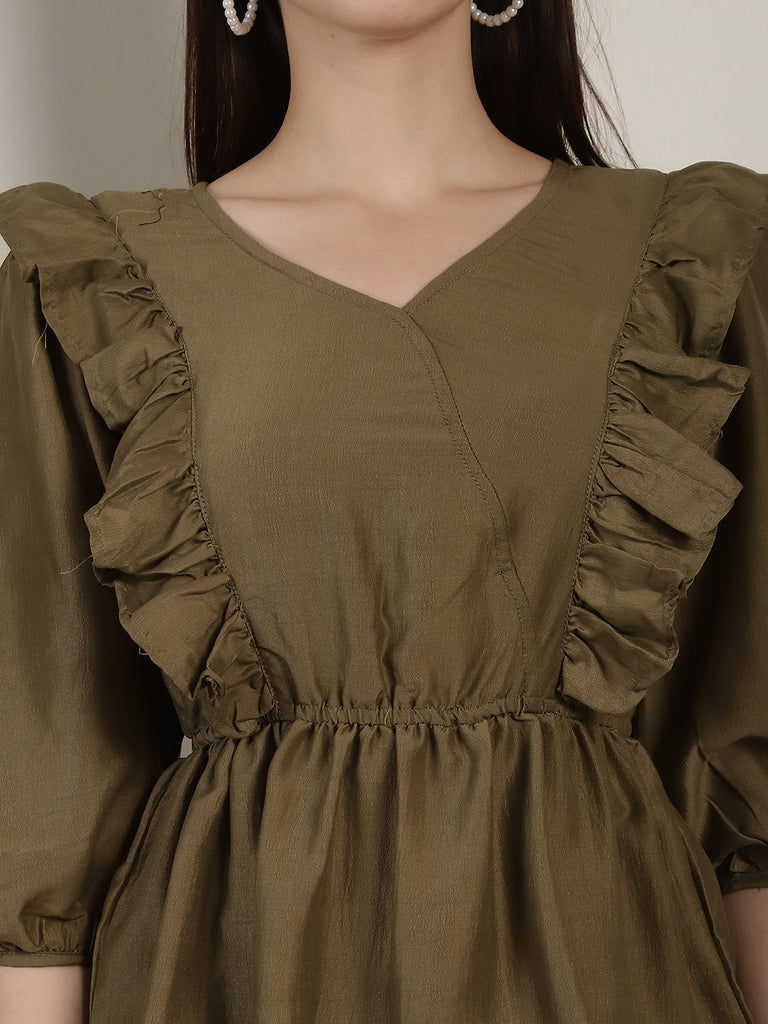 Women's Brown Solid Women's Top With Frills