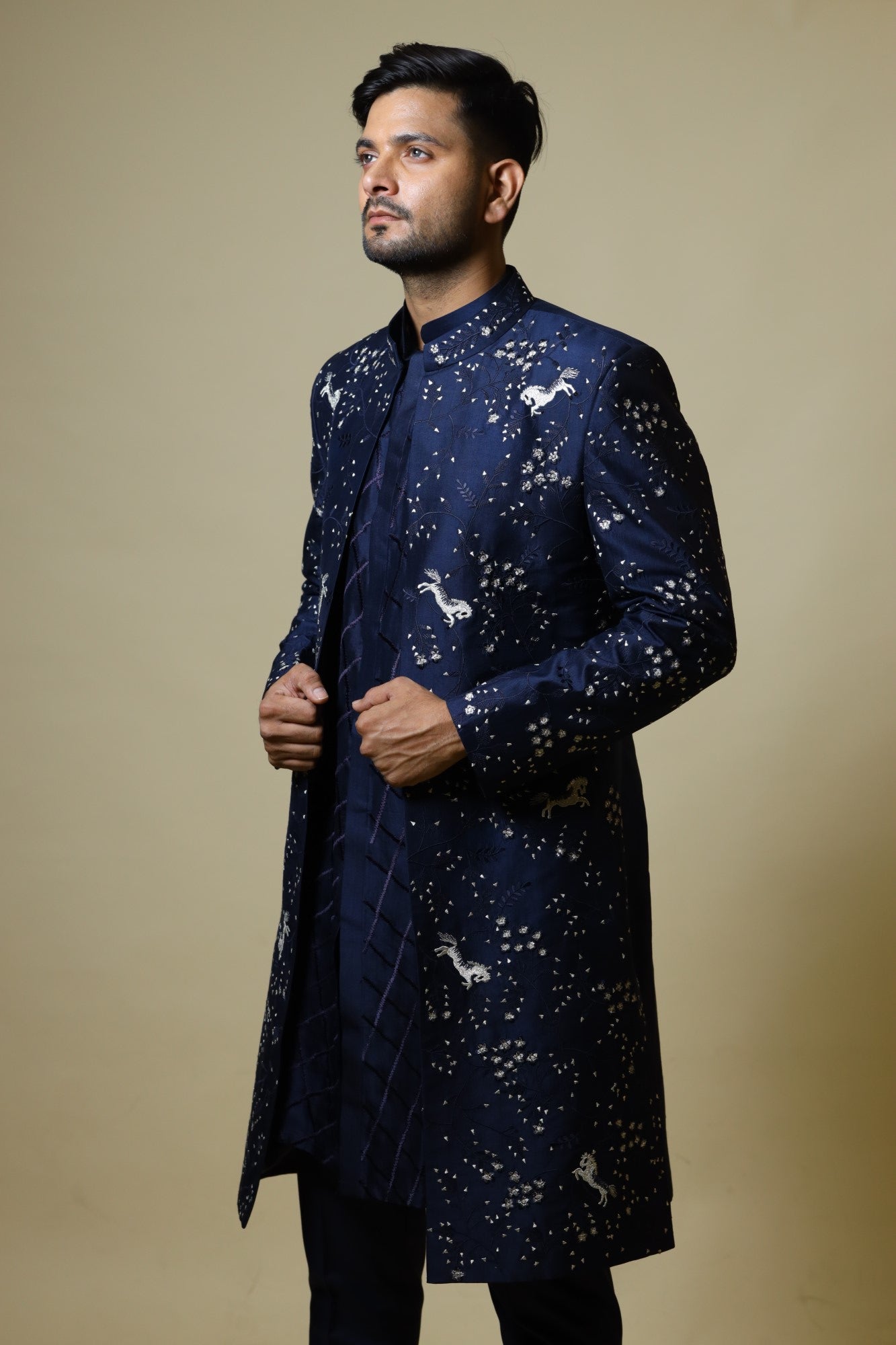 Men's Blue Color Indo-Western Suit - Hilo Design