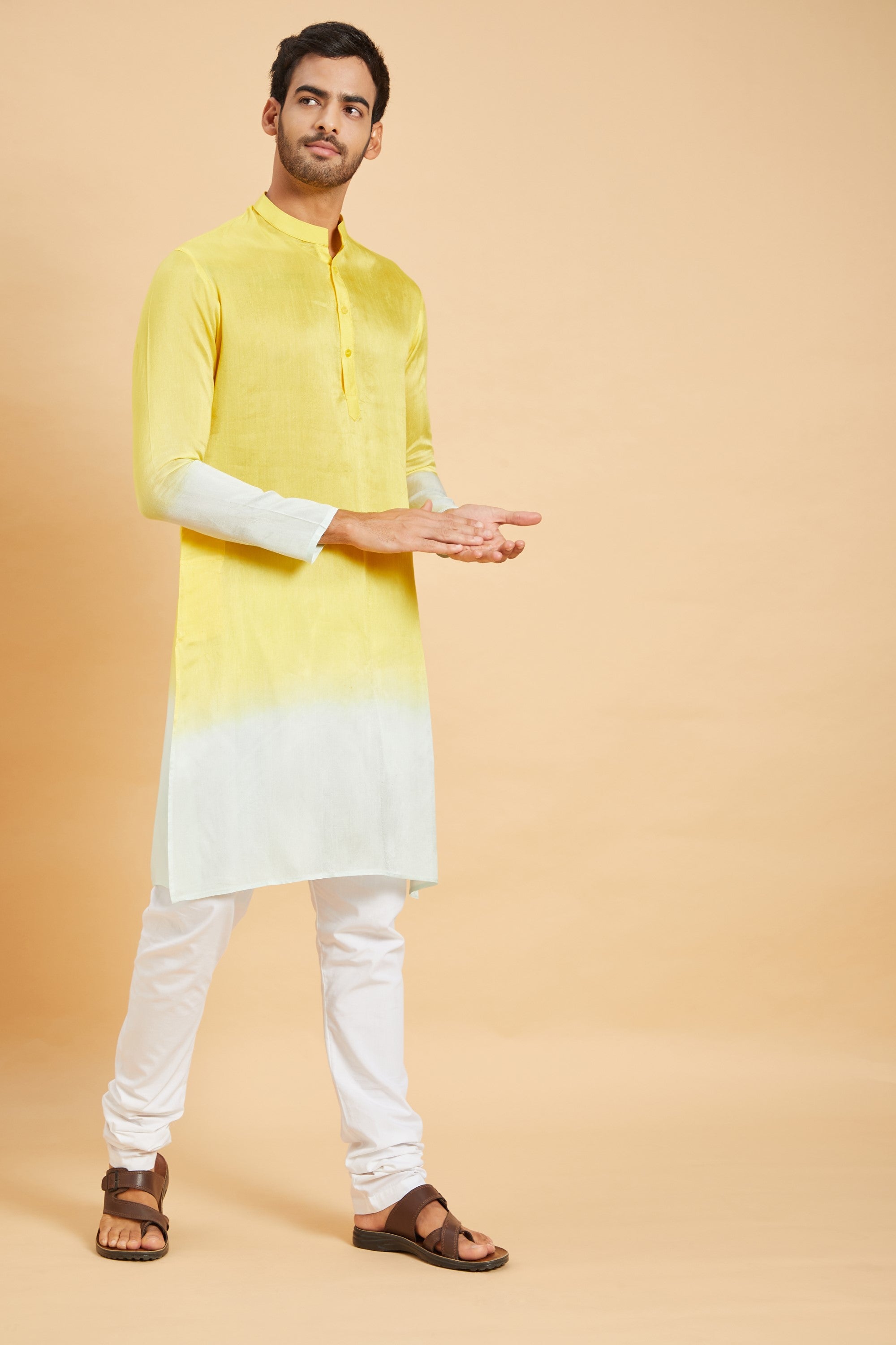 Men's Yellow Color Lahza Yellow Ombre Kurta Silk