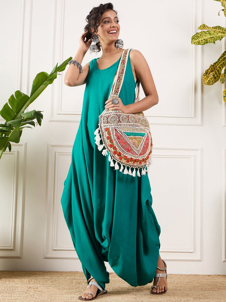 Women's Teal Round Sleeveless Jumpsuit