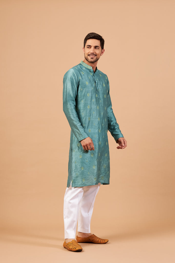Men's Teal Color Two Motif Embroidered Kurta Semi Raw Silk Mix