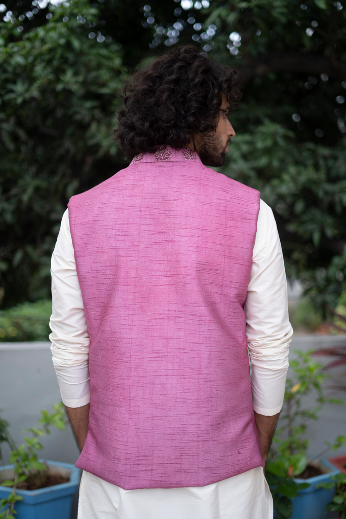 Men's Mauve Color Jacket With Kurta Pant Set
