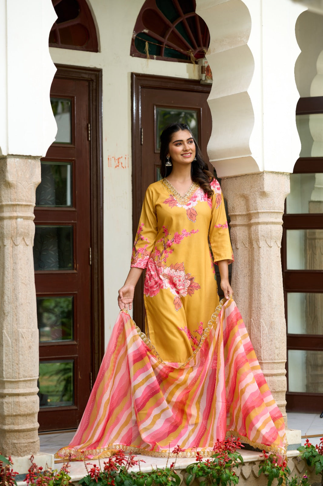 Women's 'V' Neck Sequence Embroidery And Print Work Muslin Fabric Kurta Pant Set Comes With Printed Dupatta - Taantav