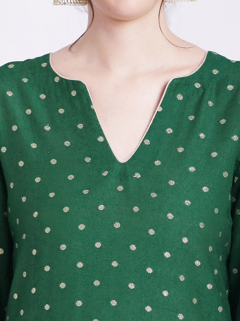 Women's Ethnic Green Banarasi Straight Kurti With Straight Pants