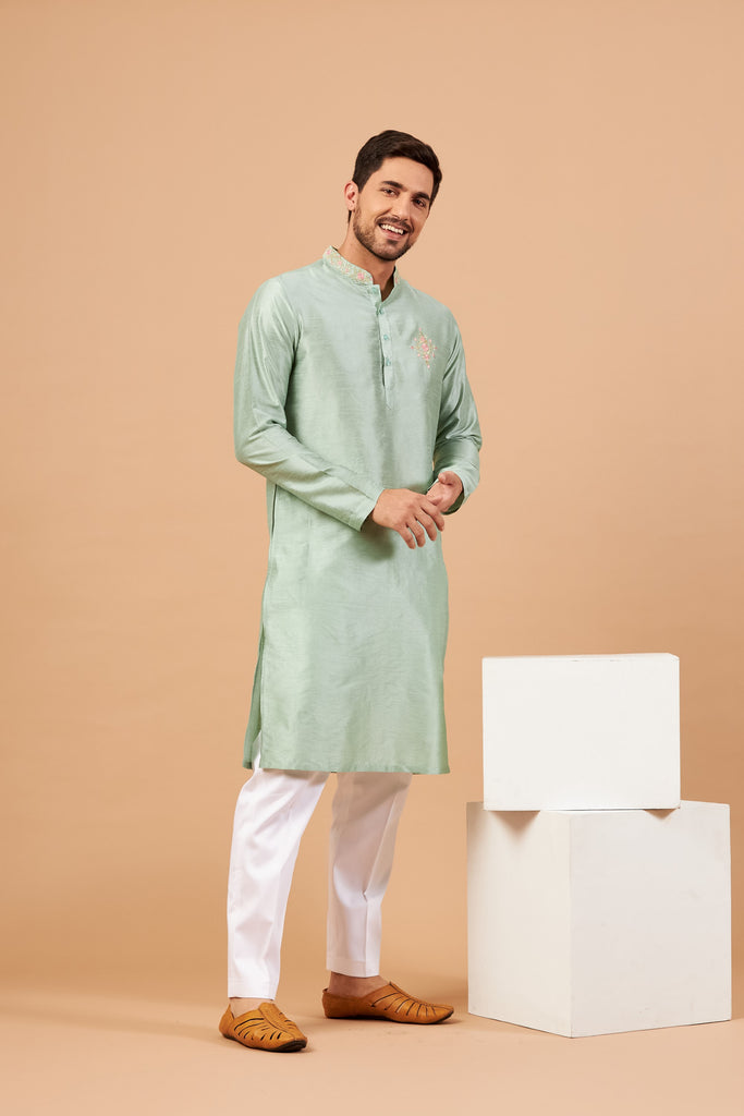 Men's Pastel Green Color Amil Traditional Embroidered Kurta Semi Raw Silk Mix