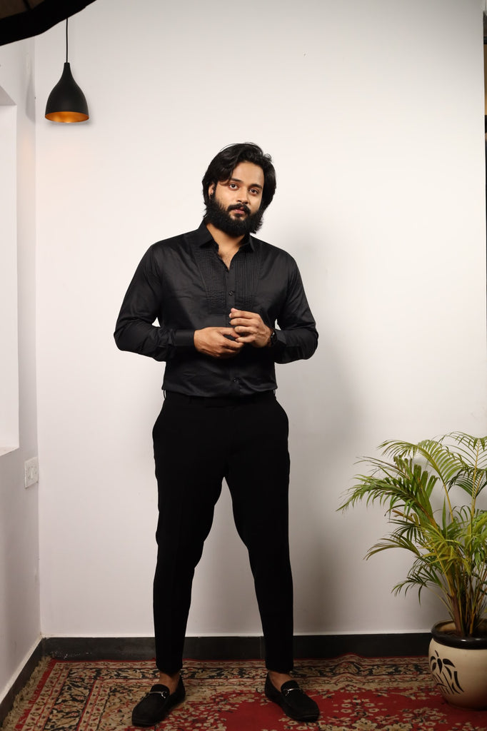Men's Black Color Black Pintuck Shirt Full Sleeves Shirt