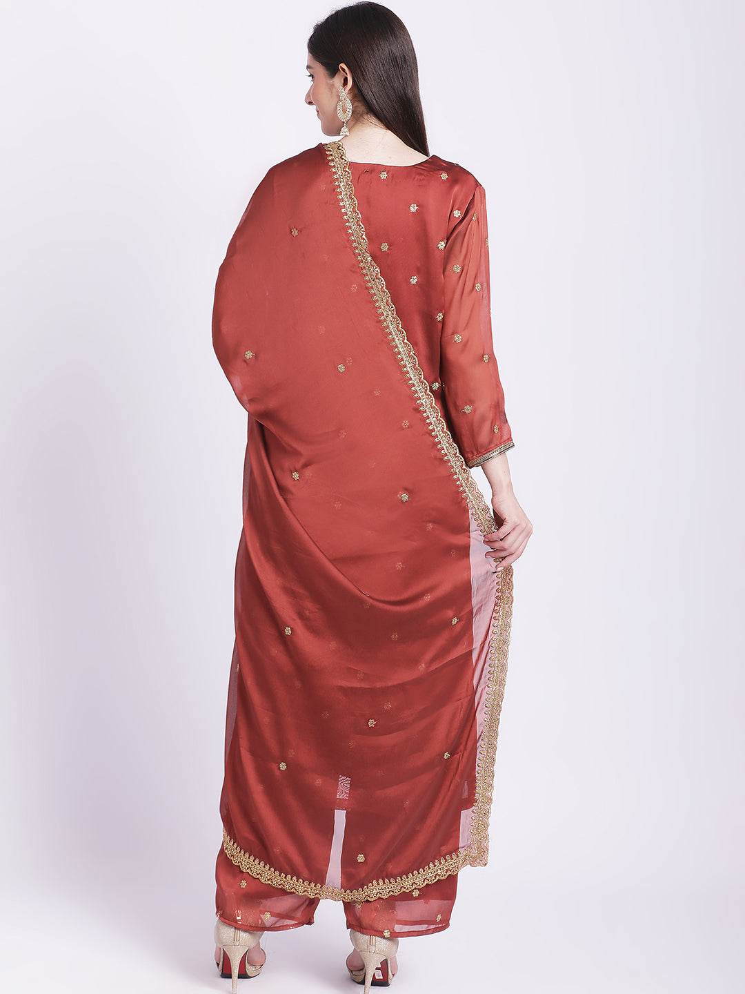Women's Glam Rust Embroidered Kurti With Straight Palazzo And Embroidered Dupatta - Anokherang