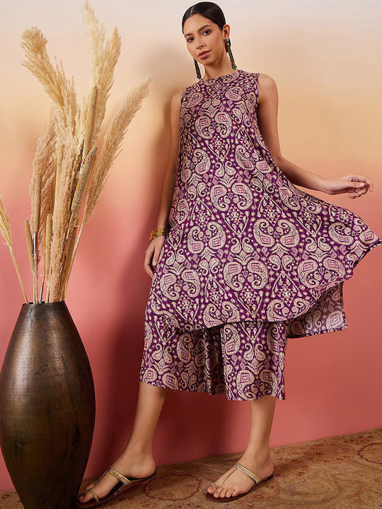 Women's Dusty Mauve Paisley Round Neck Kurta Short Palazzo Set