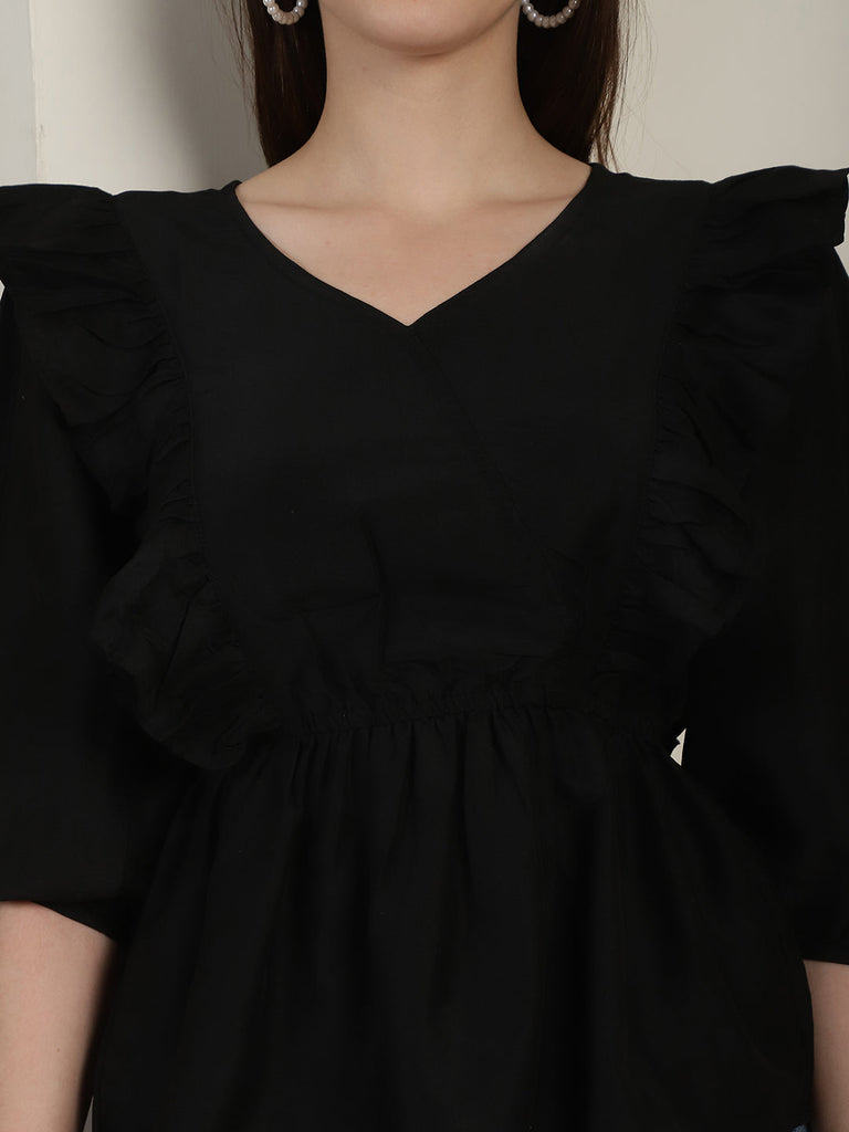 Women's Black Solid Women's Top With Frills