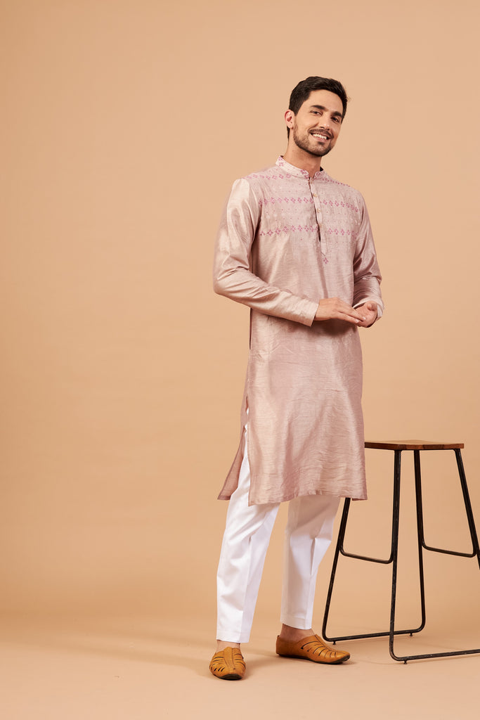 Men's Beige Brown Color Florne Floral Geometric Embroidered Kurta Semi Raw Silk Mix
