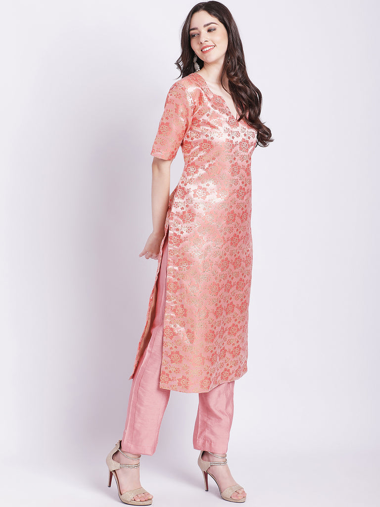 Women's Peach Banarsi Straight Kurti With Pants