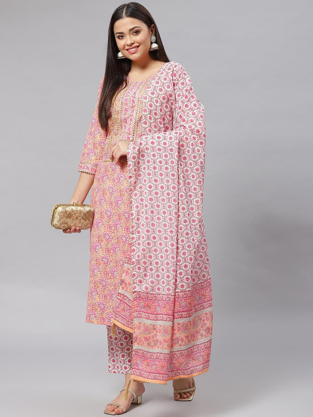 Women's Pink Cotton kurta Pant set with Dupatta - Taantav