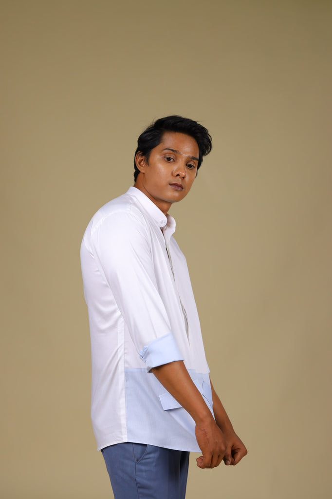 Men's White & Light Blue Color Light Sinum Shirt Full Sleeves Casual Shirt