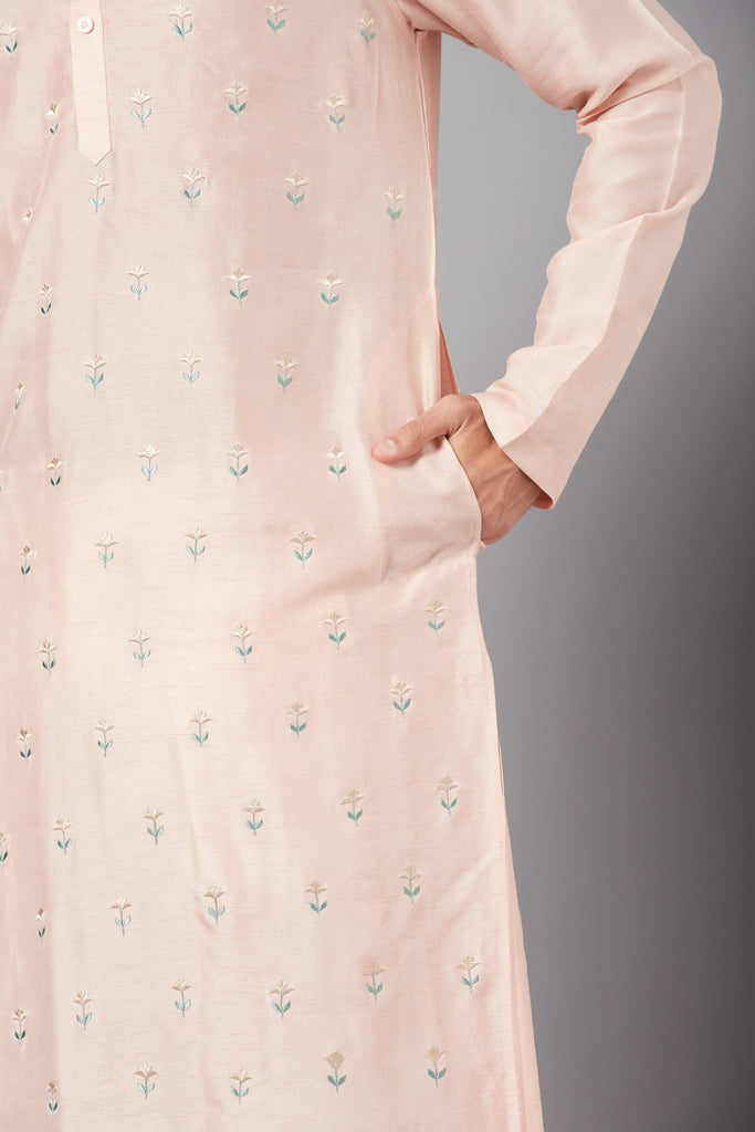 Men's Peach Color Moori Small Flower Motifs All Over Embroidered Kurta Semi Raw Silk Mix