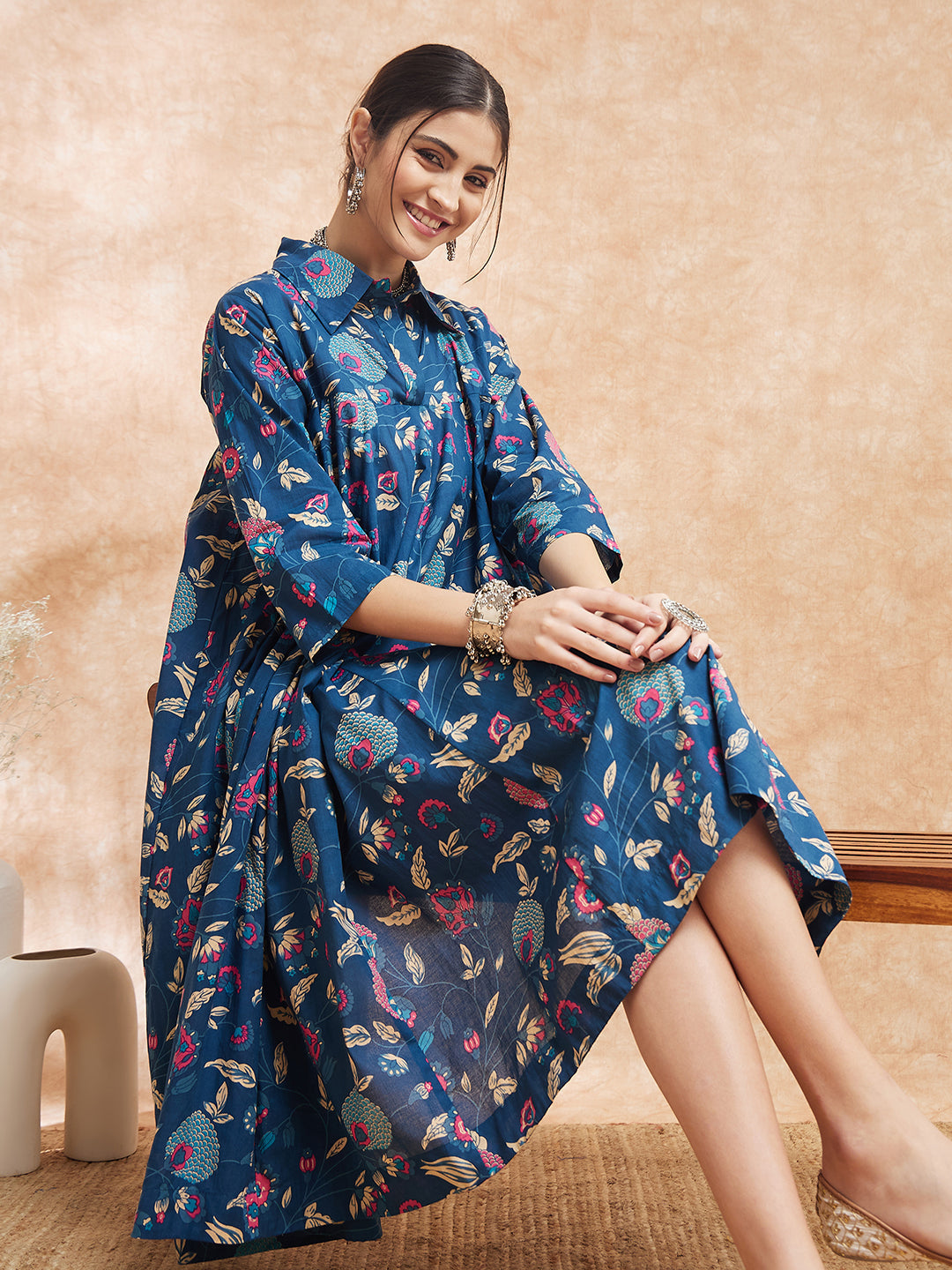 Women's Blue Pink Kalamkari Flared Dress - InWeave