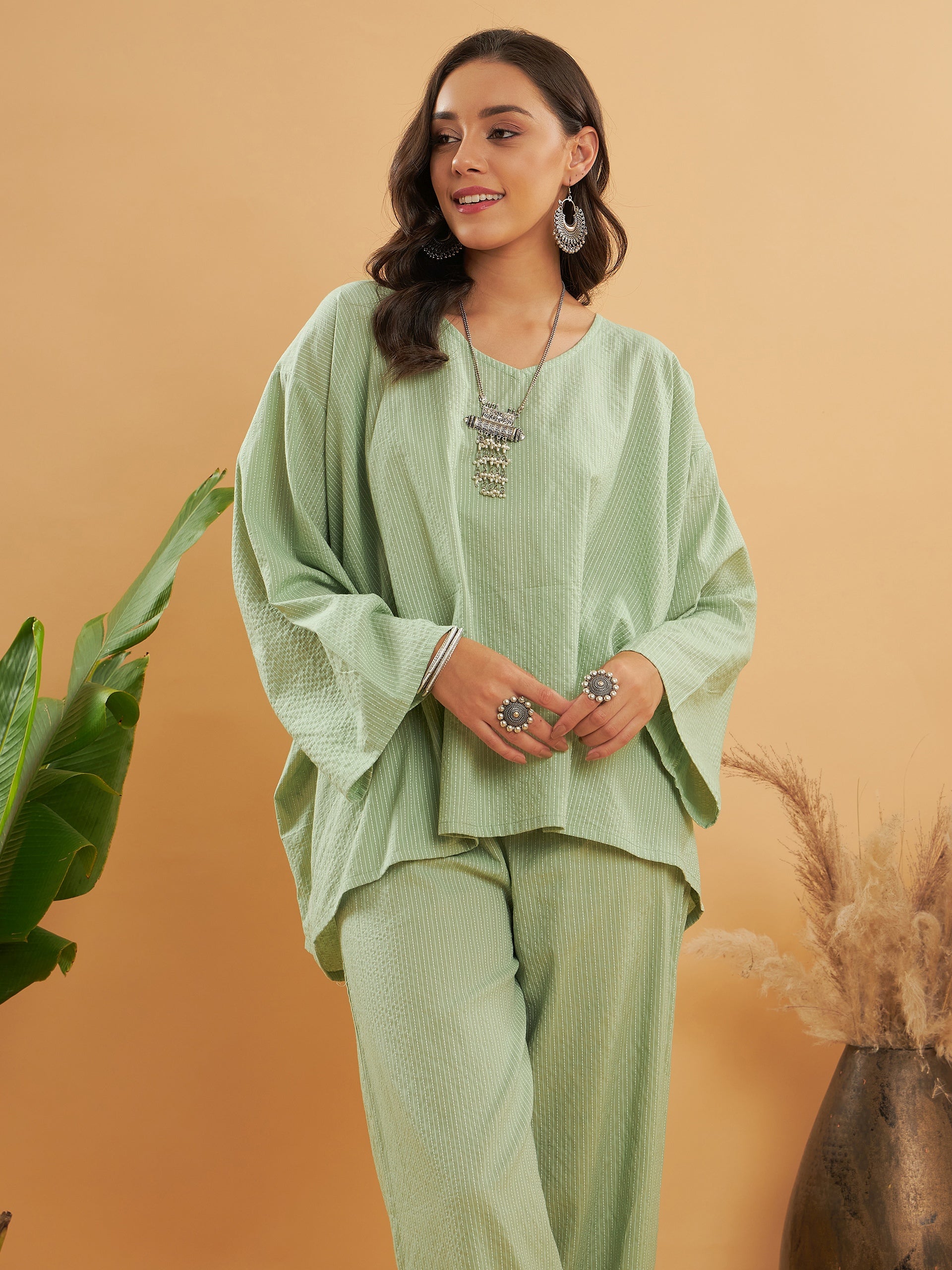 Women's Sage Green Kantha Boho Full Sleeve Coord Set - InWeave