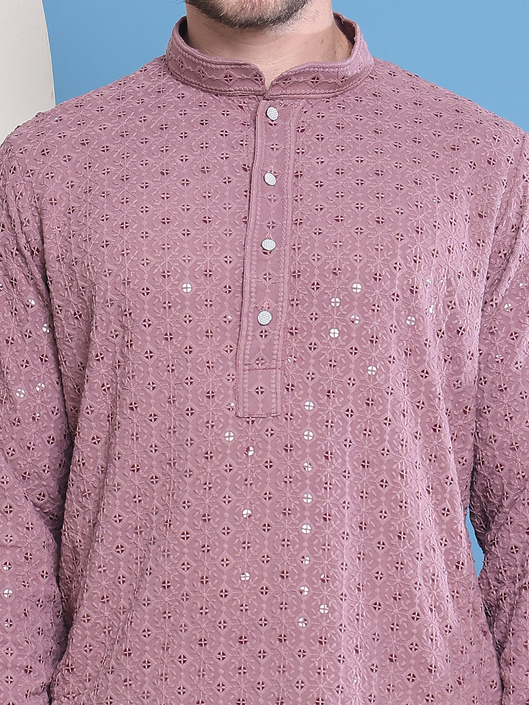 Men's  Purple Viscose Rayon Embroidered Kurta - Grage