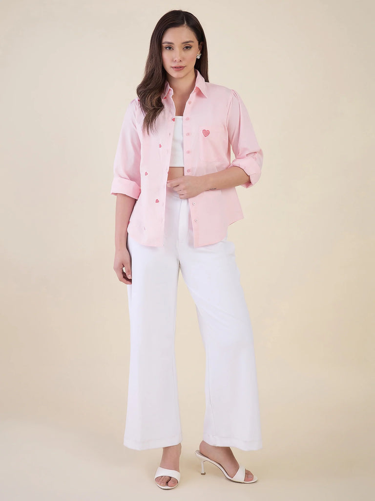 Women's Pink Heart Embroidered Casual Shirt