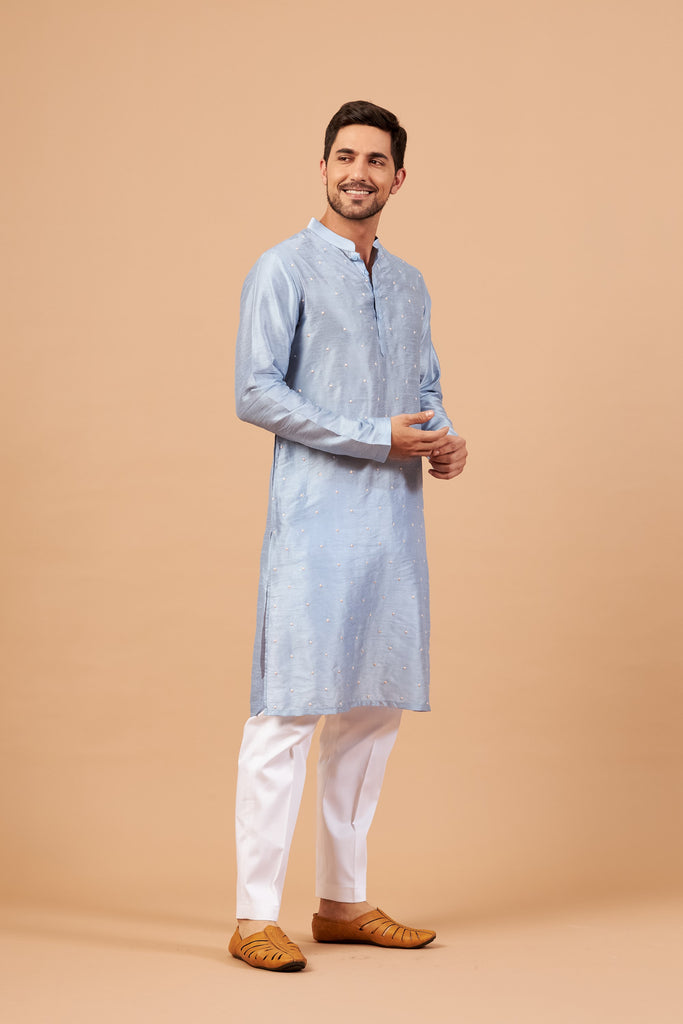 Men's Baby Blue Color Viva Dot Embroidered Kurta Semi Raw Silk Mix
