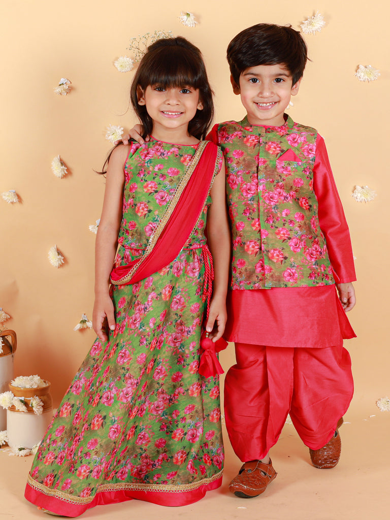 Girl's Floral Print Choli With Back Open & Umbrella Ghaghra With Chiffon Drape Dupatta & Latkan-Mehendi Green