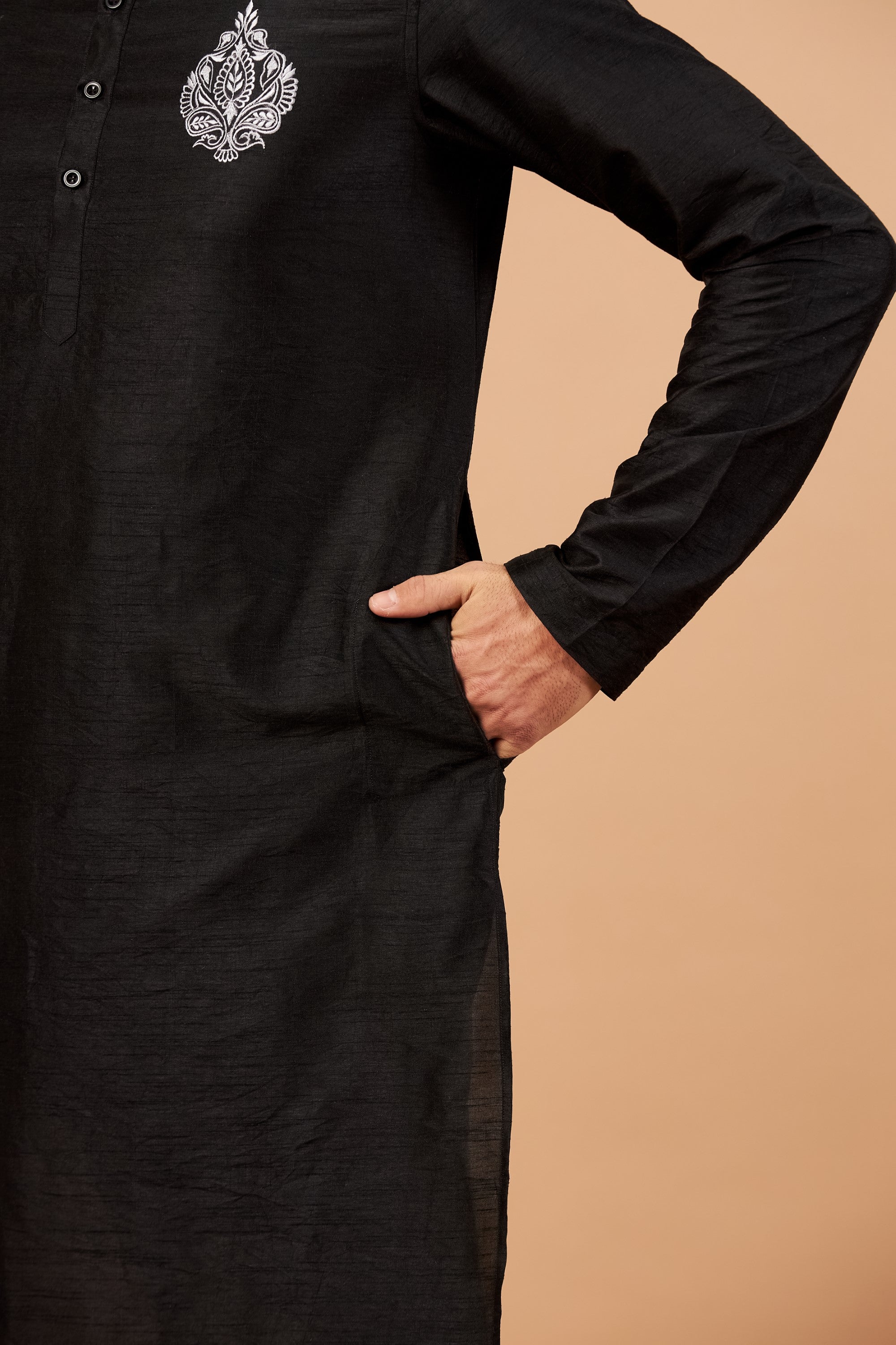 Men's Black Coloramyr Traditional Embroidered Kurta Semi Raw Silk Mix - Hilo Design