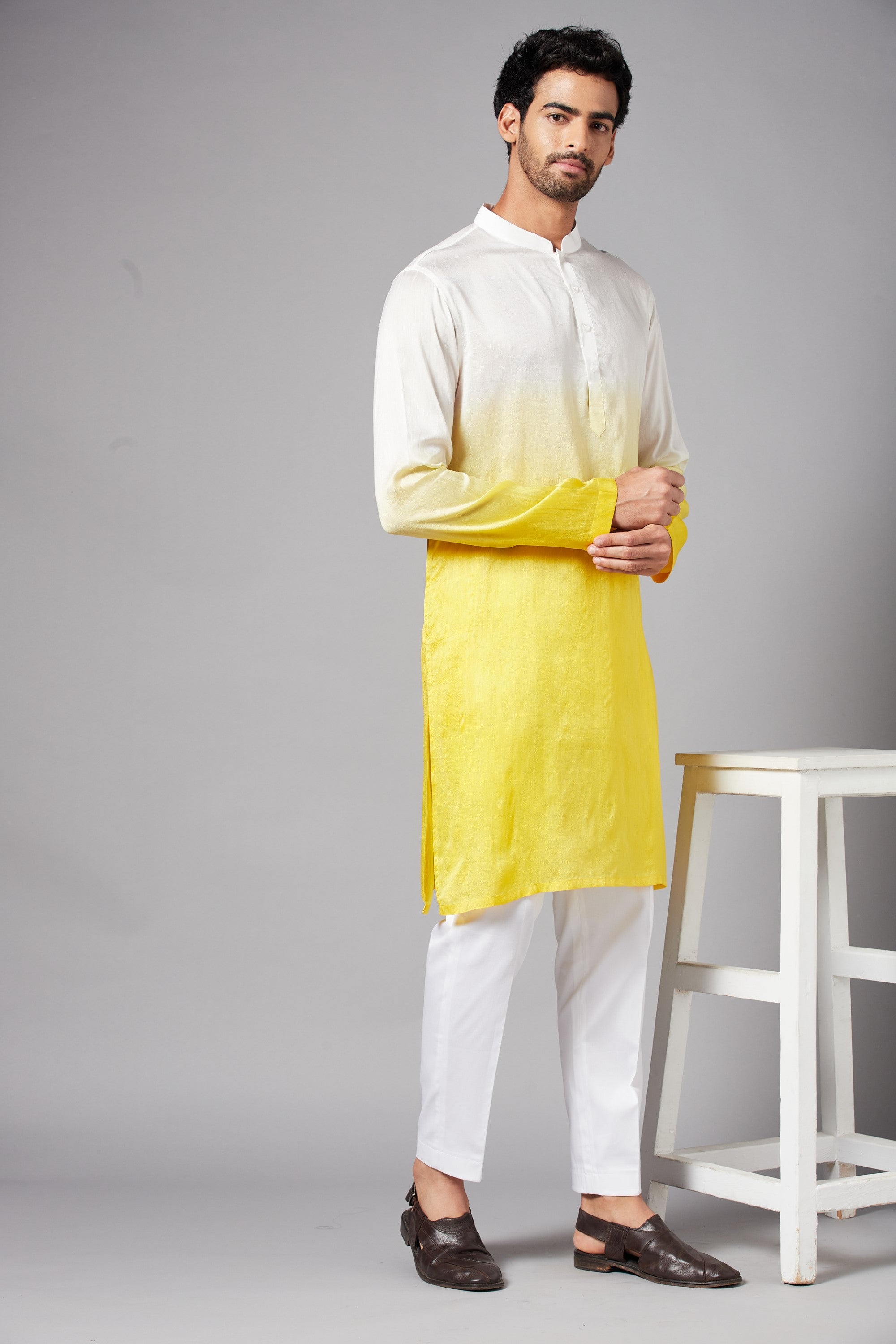 Men's White & Yellow Colorwhillombre Semi Raw Silk Mix