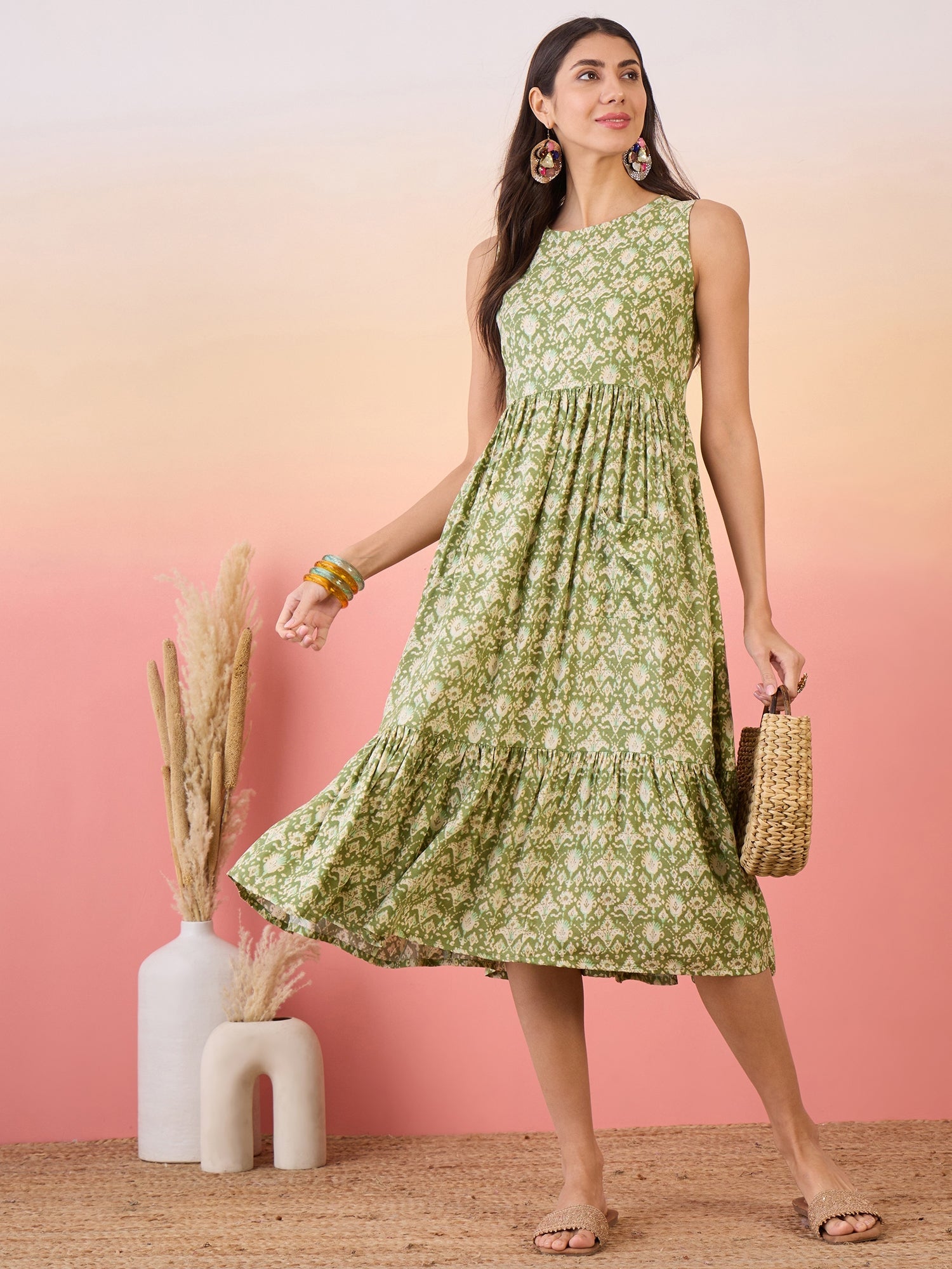 Women's Apple Green Ikkat Print Foil Front Pocket Dress - InWeave