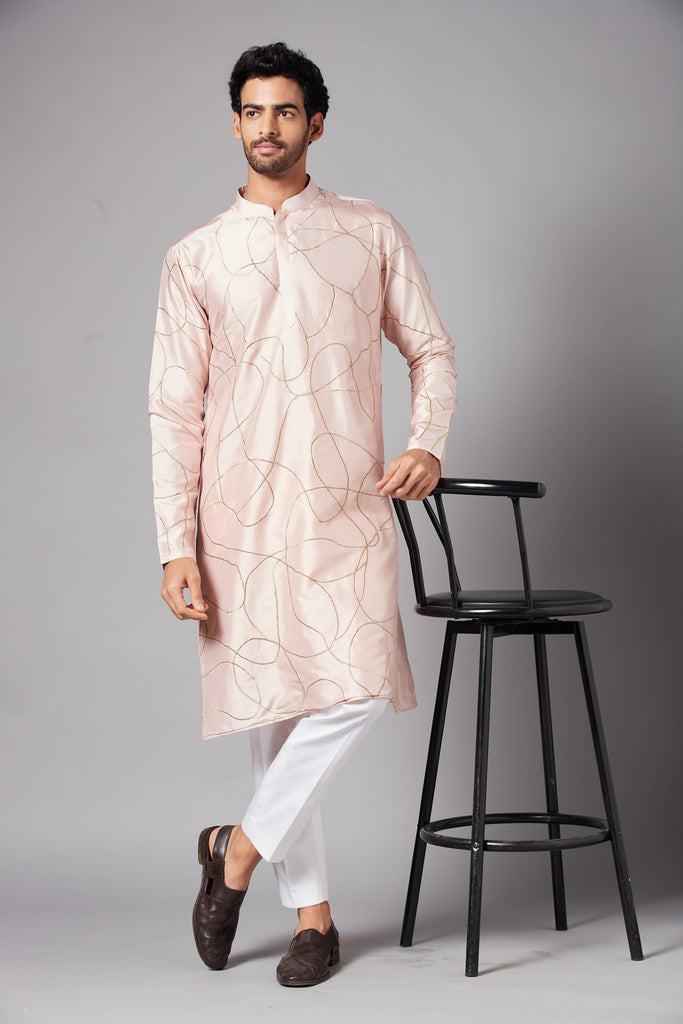 Men's Peach Color Ilara Gold Zari Abstarct Embroidered Kurta Dupion