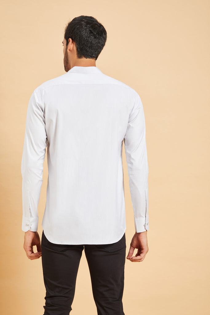 Men's Grey Color Jejune Chinese Collar Shirt Full Sleeves Casual Shirt