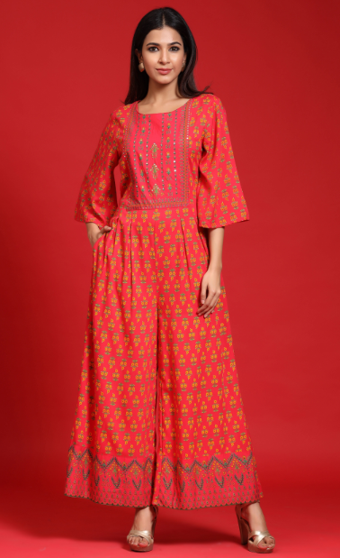 Women's Coral Rayon Embroidered Jumpsuit With Mask