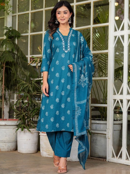 Women's Floral Printed V-Neck Cotton Straight Kurta Palazzos & With Dupatta