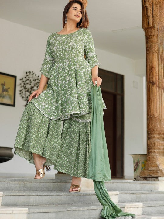 Women's Floral Printed Bell Sleeves Gotta Patti Kurta with Sharara & With Dupatta