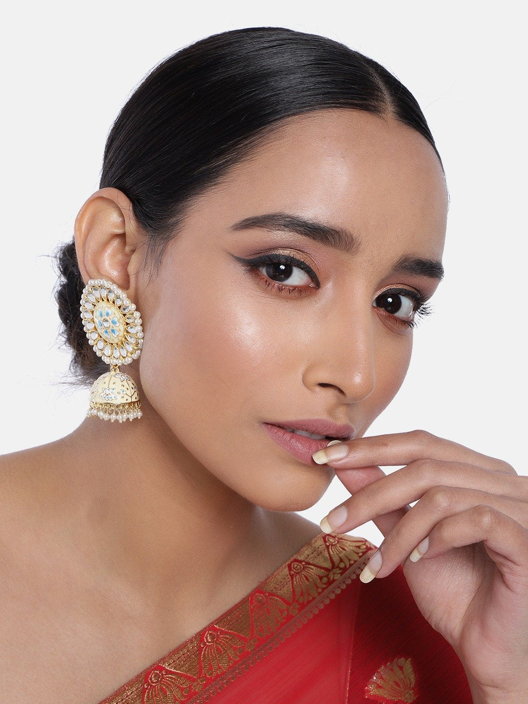 Women's  Gold Plated Blue Handcrafted Kundan Pearl Studded Meenakari Jhumki Earring