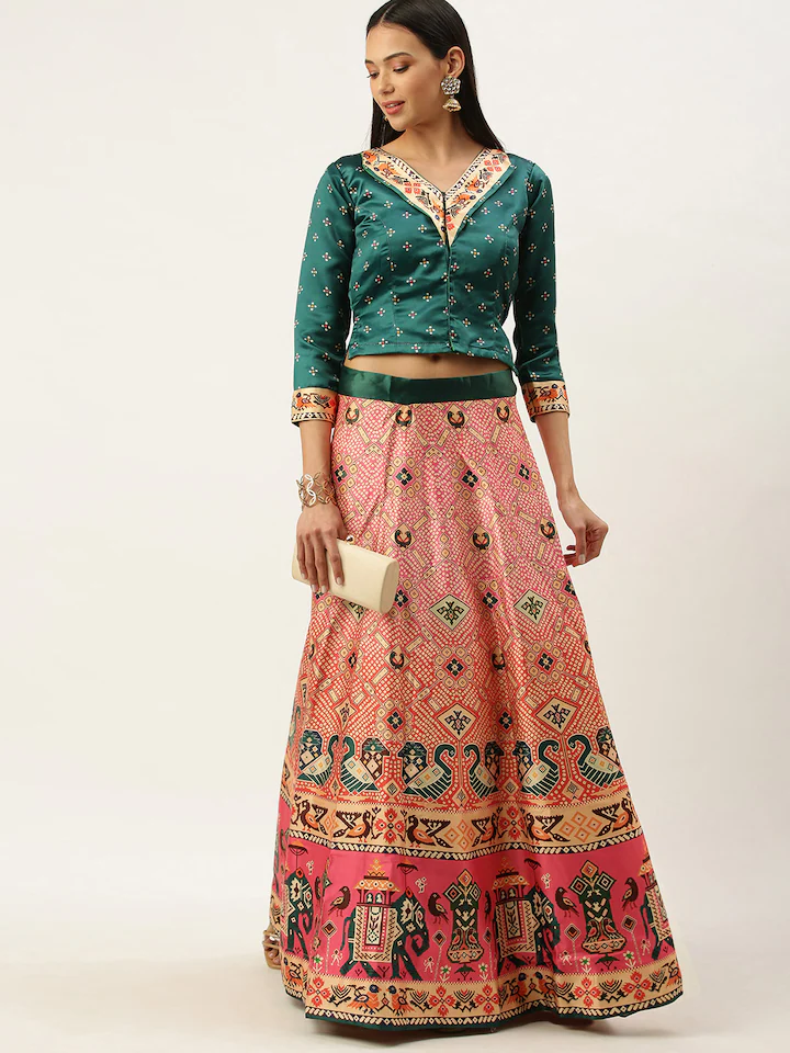 Women's Bandhni Patola Type Digital Print Shiney Satin Croptop Lehenga Choli With Unstitched Blouse