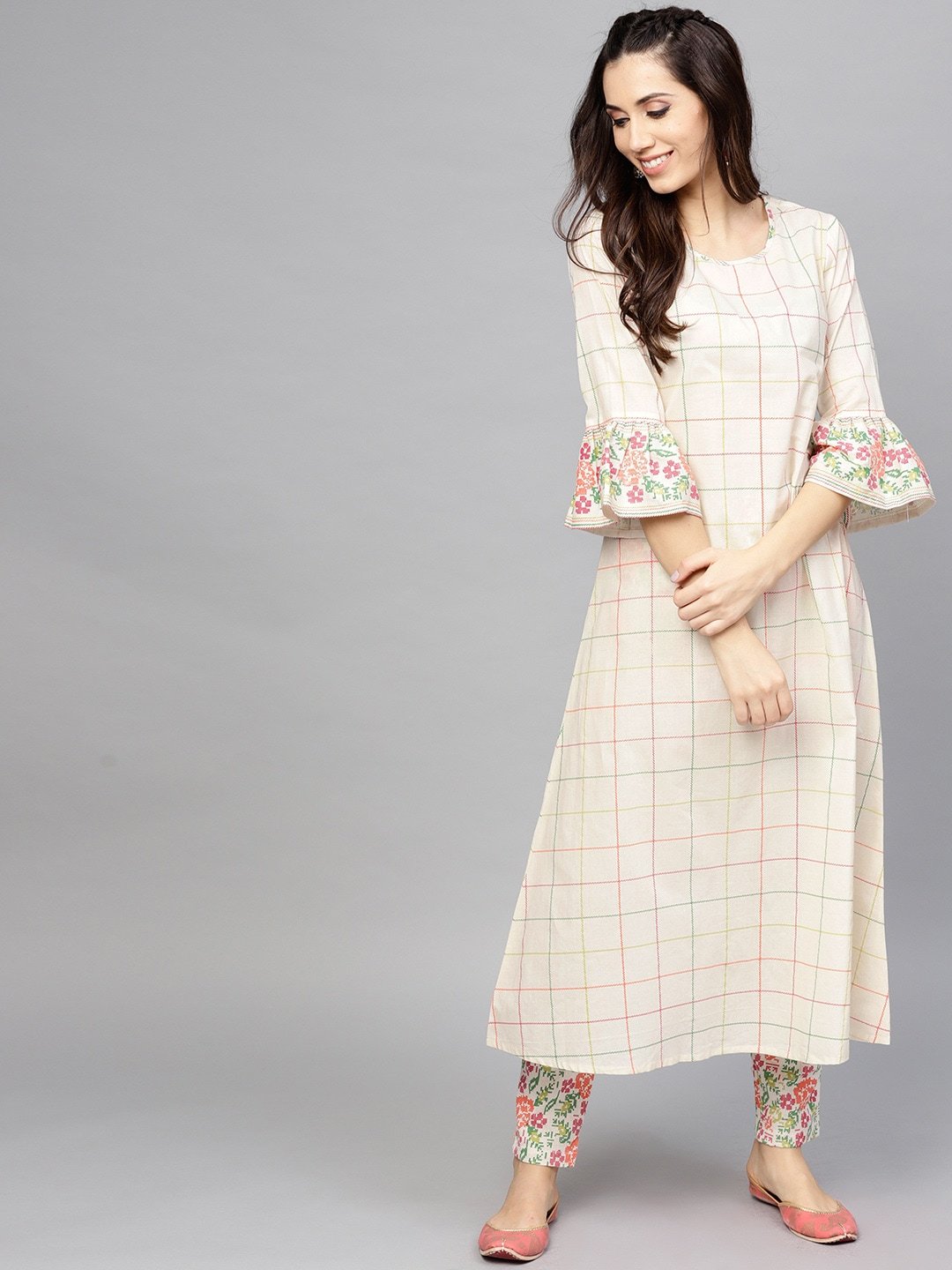 Women's  Off-White Checked A-Line Kurta -