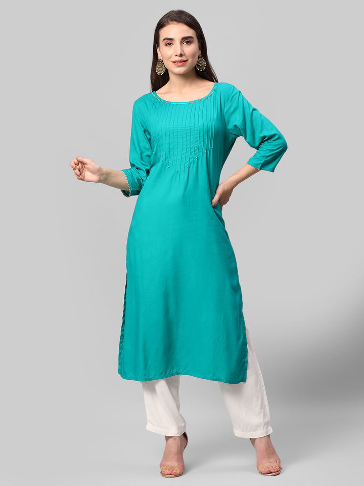 Women's Liva (Rayon) Turquoise Blue Solid Kurta
