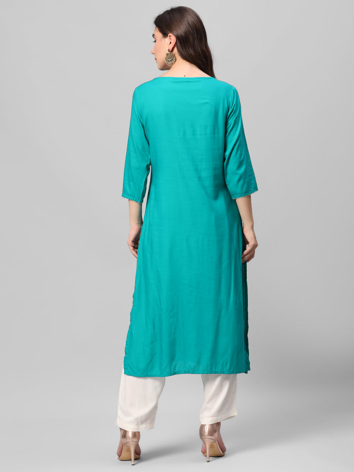 Women's Liva (Rayon) Turquoise Blue Solid Kurta