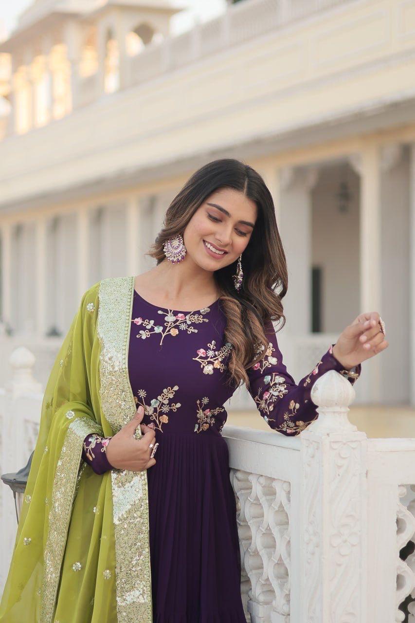Women's Purple Colour Faux Georgette Gown Set