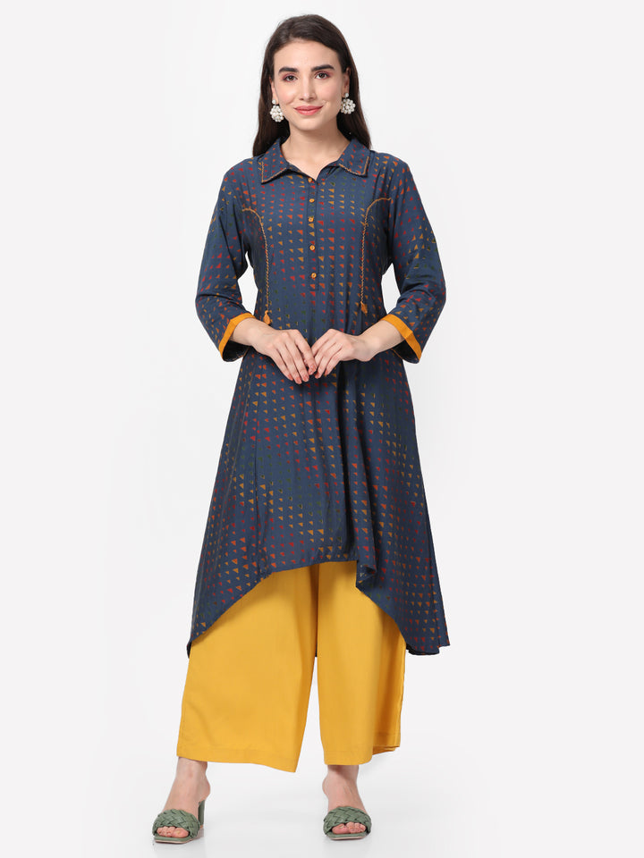 Women's Liva (Rayon) Navy Blue Geometric Print Kurta