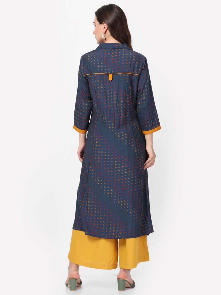 Women's Liva (Rayon) Navy Blue Geometric Print Kurta