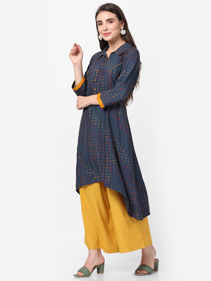 Women's Liva (Rayon) Navy Blue Geometric Print Kurta