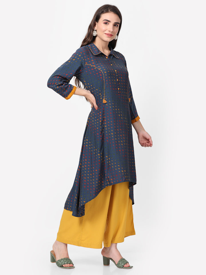 Women's Liva (Rayon) Navy Blue Geometric Print Kurta