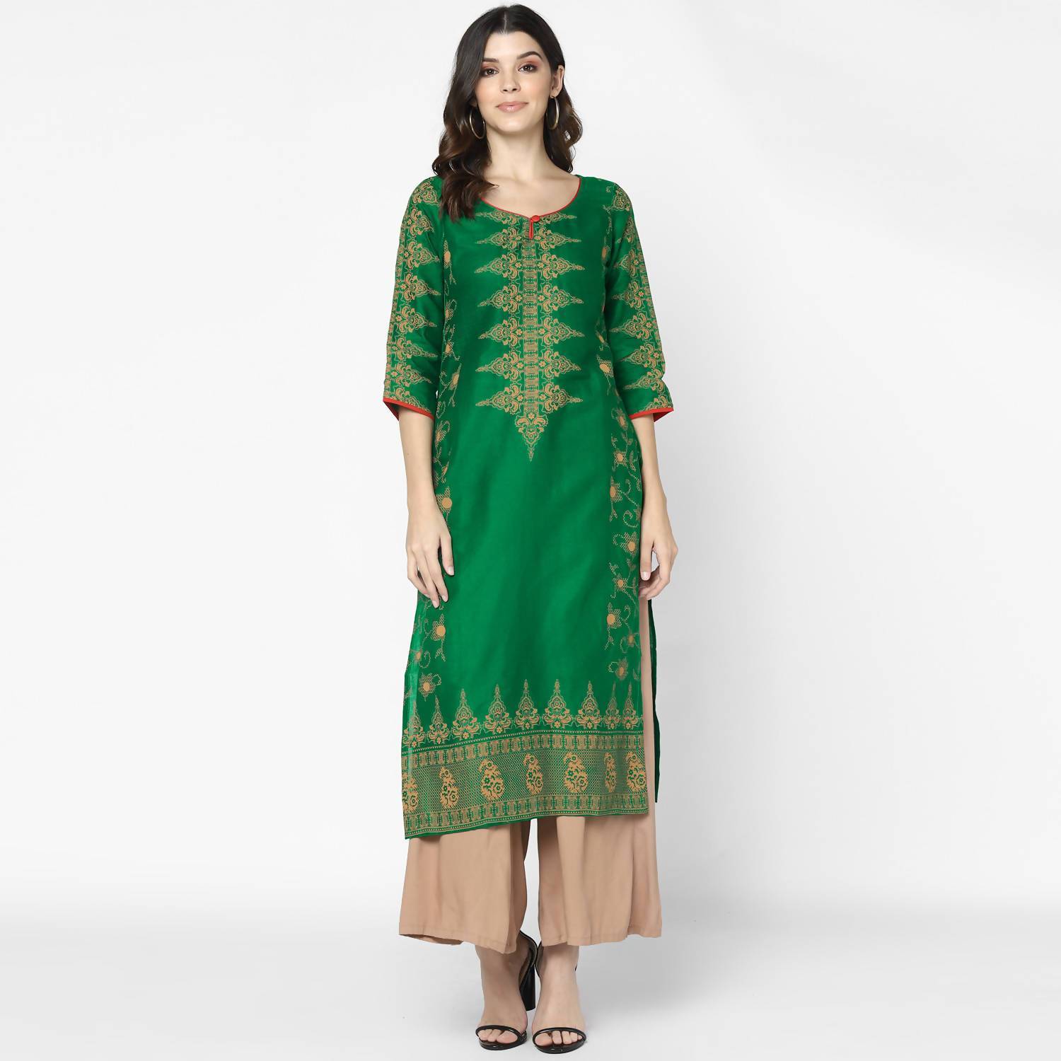 Women's Bottle Green 100% Cotton Hand Block Print Straight Kurta Only