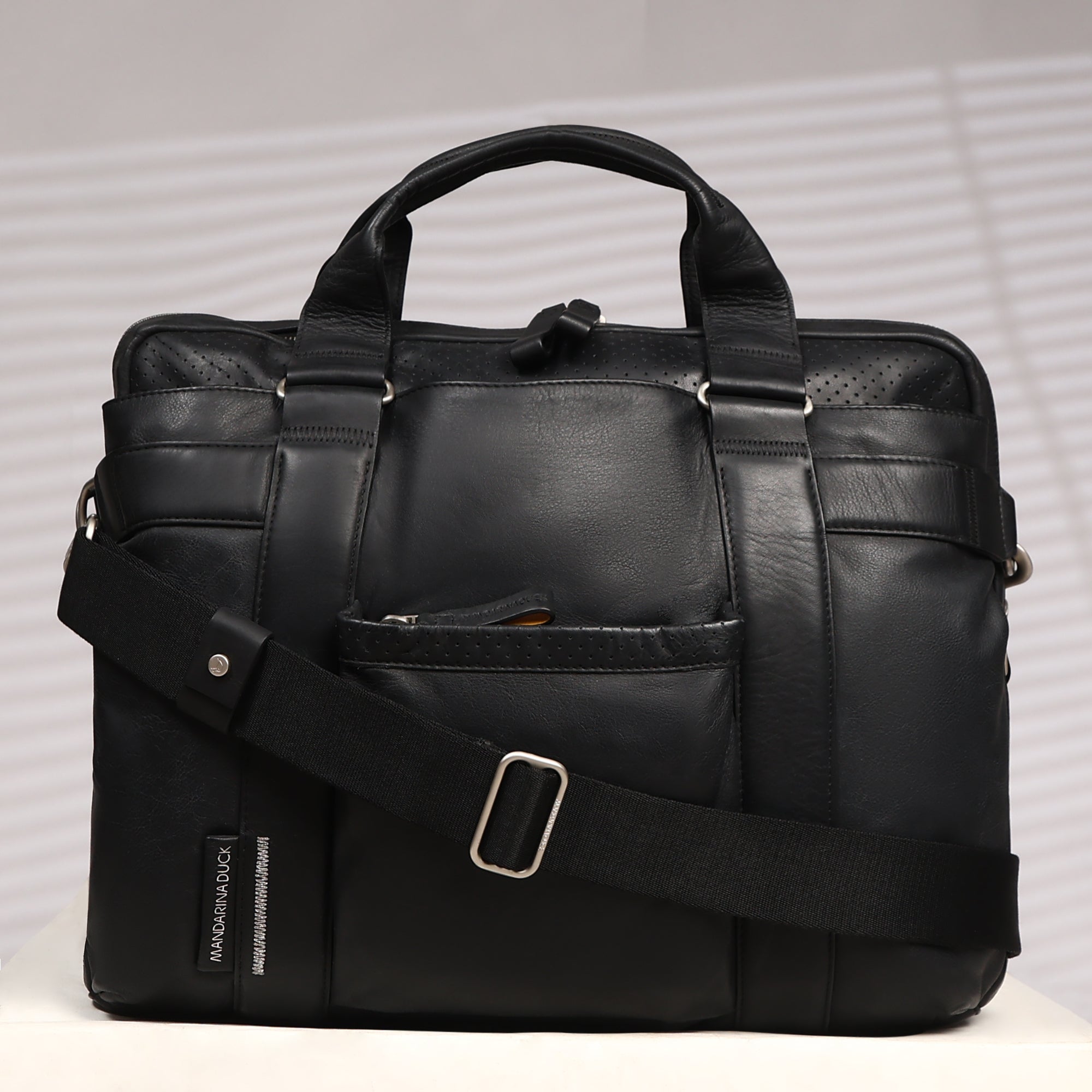 Grace Collection Limited Edition Genuine Leather Black Laptop Bag With Strap - Mandarina Duck