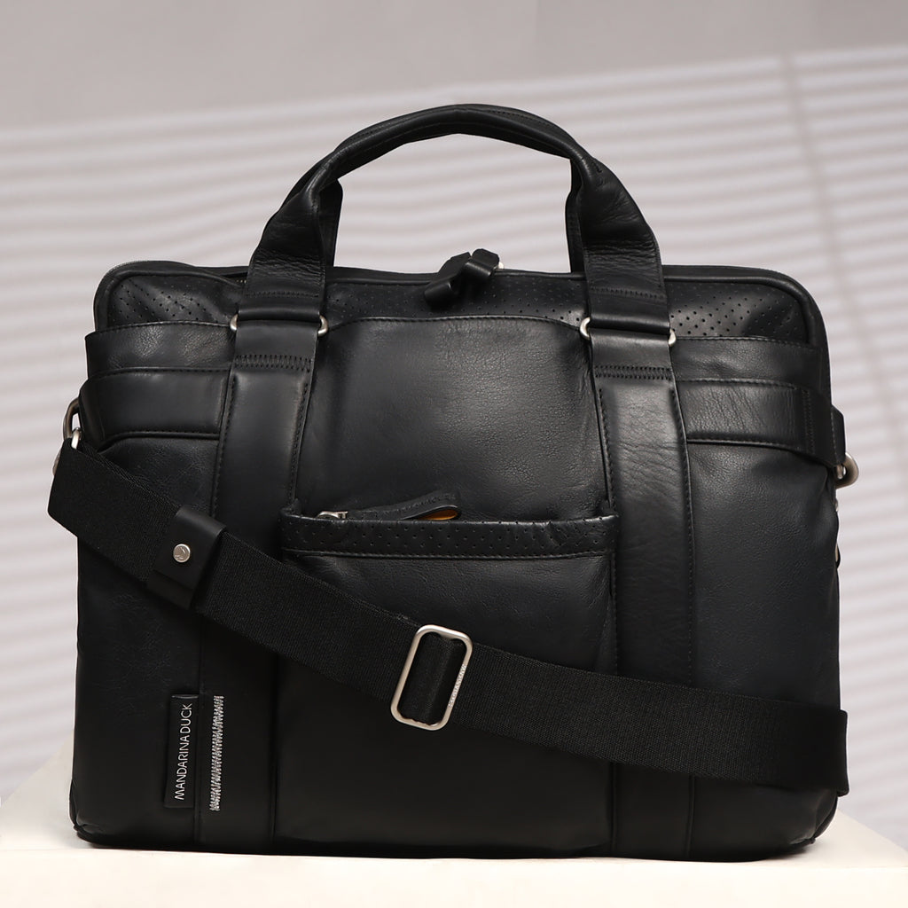 Grace Collection Limited Edition Genuine Leather Black Laptop Bag With Strap