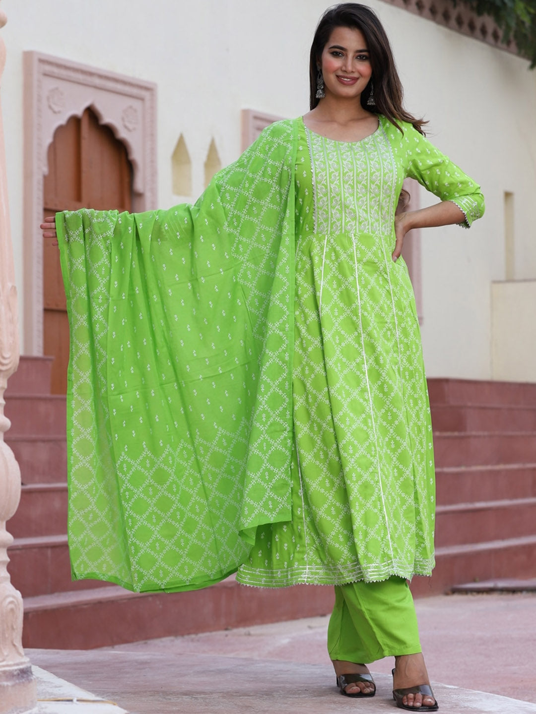 Women's Ethnic Motifs Printed Gotta Patti Flared Kurta With Palazzos & Dupatta - Taantav