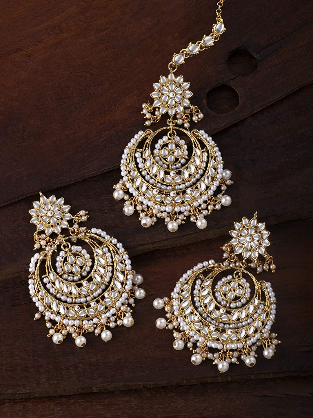 Women's Traditional Gold Plated Chandbali Kundan & Pearl Earring Set with Maang Tikka